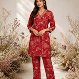 Dark Pink Metallic Print & Pearl Kurta Set