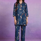 Blue Cotton Blend Printed Sequin Co-ord Set