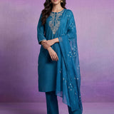 Blue Embroidered Straight Suit Set with Dupatta
