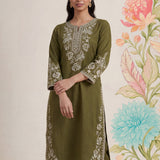 Sarina Olive Embroidered Cotton Co-ord Set for Women