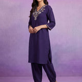 Purple Cotton Blend Embroidered Sequin Work Kurta set with Dupatta