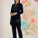 Firdaus Navy Embroidered Velvet Co-ord Set for Women