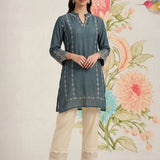 Akshi Teal Embroidered A-line Linen-blend Tunic