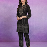 Black Pure Cotton Bandhani Print Straight Kurta with Mirror Embroidery & Palazzo Set