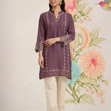 Akshi Purple Embroidered A-line Linen-blend Tunic