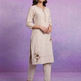 Ivory Cotton Blend Embroidered Kurta Set