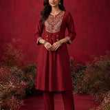 Red Embroidered Cotton Blend Kurta Set