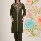 Olive Kurta Set With Intricate Embroidery