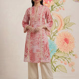 Rysa Light Pink Printed Linen A-line Kurta for Women