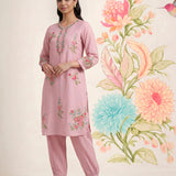 Saavan Pink Embroidered Cotton blend Kurta Set