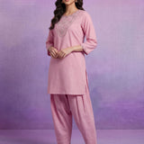Pink Embroidered Cotton blend Kurta Set