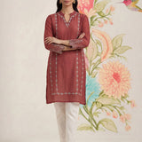 Akshi Red Embroidered A-line Linen-blend Tunic