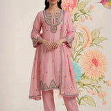 Albeli Baby Pink Embroidered A-line Suit Set with Dupatta