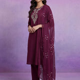 Wine Embroidered Straight Suit Set with Dupatta