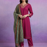 Fuchsia Embroidered Suit Set with contrast Dupatta