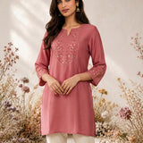 Inaya Pink Resham Embroidered Cotton Blend Kurti