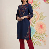 Zahra Royal Blue Embroidered Cotton Slub Kurti for Women