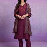 Wine Embroidered Suit Set with Dupatta