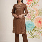 Jogan Brown Embroidered Chanderi Kurta Set