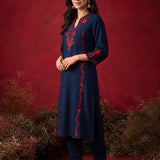 Navy Blue Embroidered Cotton Blend Everyday Kurta