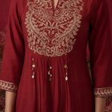 Red Embroidered Cotton Blend Kurta Set