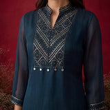 Dark Teal Embroidered Chinon Tunic