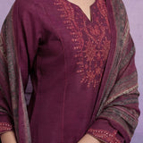 Wine Embroidered Suit Set with Dupatta