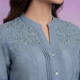 Spa Cotton Resham Zari Embroidered Puff Sleeve Shirt