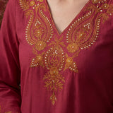 Fuchsia Embroidered Cotton Blend Regular Kurta Set