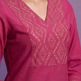 Fuchsia Cotton Blend Embroidered Kurta Set