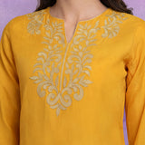 Yellow Floral Embroidered Straight Kurti