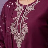 Wine Embroidered Straight Suit Set with Dupatta