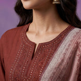 Rust Silk Embroidered A-Line kurta set with Dupatta