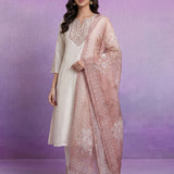 Ivory Silk Embroidered A-Line Kurta set with Dupatta