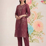 Jogan Maroon Embroidered Chanderi Kurta Set