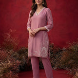 Iris Pink Embroidered Rayon Co-ord Set for Women