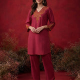 Fuchsia Embroidered Cotton Blend Regular Kurta Set