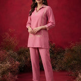 Peach Embroidered Cotton Blend Regular Co-ord Set