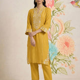 Saroja Yellow Embroidered A-line Kurta Set