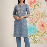 Iraavat Blue Embroidered Cotton Kurta Set