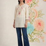 White Phool Collection Kurti With Multi-Colour Embroidery