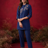 Navy Solid Cotton Straight Co-Ord Set