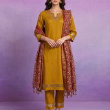 Mustard Embroidered Suit Set with contrast Dupatta