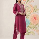 Saroja Dark Fuchsia Embroidered A-line Kurta Set