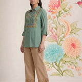 Aaroh Green Cotton Blend Embroidered Tunic