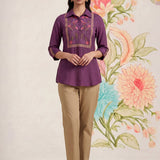 Aaroh Purple Cotton Blend Embroidered Tunic