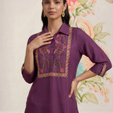Aaroh Purple Cotton Blend Embroidered Tunic