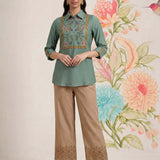 Aaroh Green Cotton Blend Embroidered Tunic
