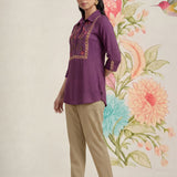 Aaroh Purple Cotton Blend Embroidered Tunic