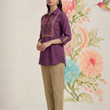 Aaroh Purple Cotton Blend Embroidered Tunic
